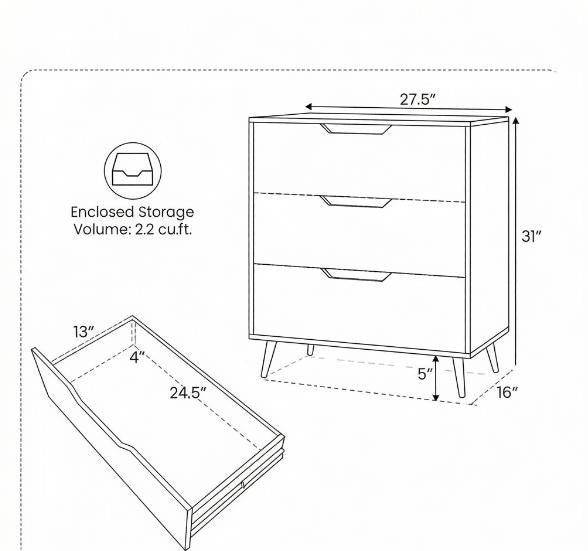Rustic Farmhouse Wooden Storage Dresser 3-Drawer  Vintage Style Bedroom Organizer with Natural Finish