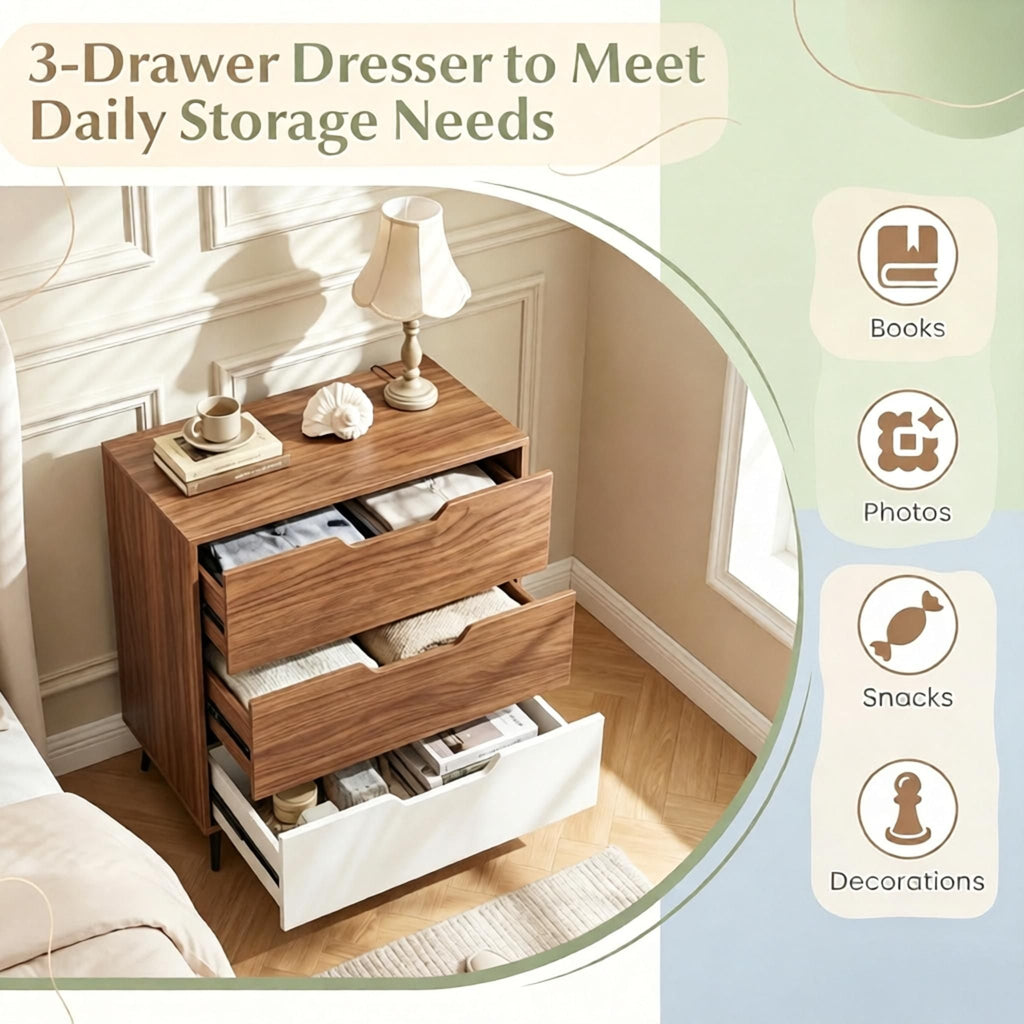 Rustic Farmhouse Wooden Storage Dresser 3-Drawer  Vintage Style Bedroom Organizer with Natural Finish