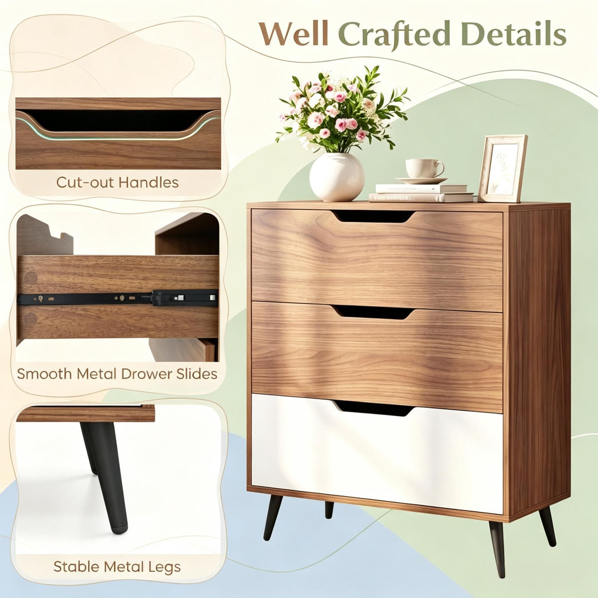 Rustic Farmhouse Wooden Storage Dresser 3-Drawer  Vintage Style Bedroom Organizer with Natural Finish