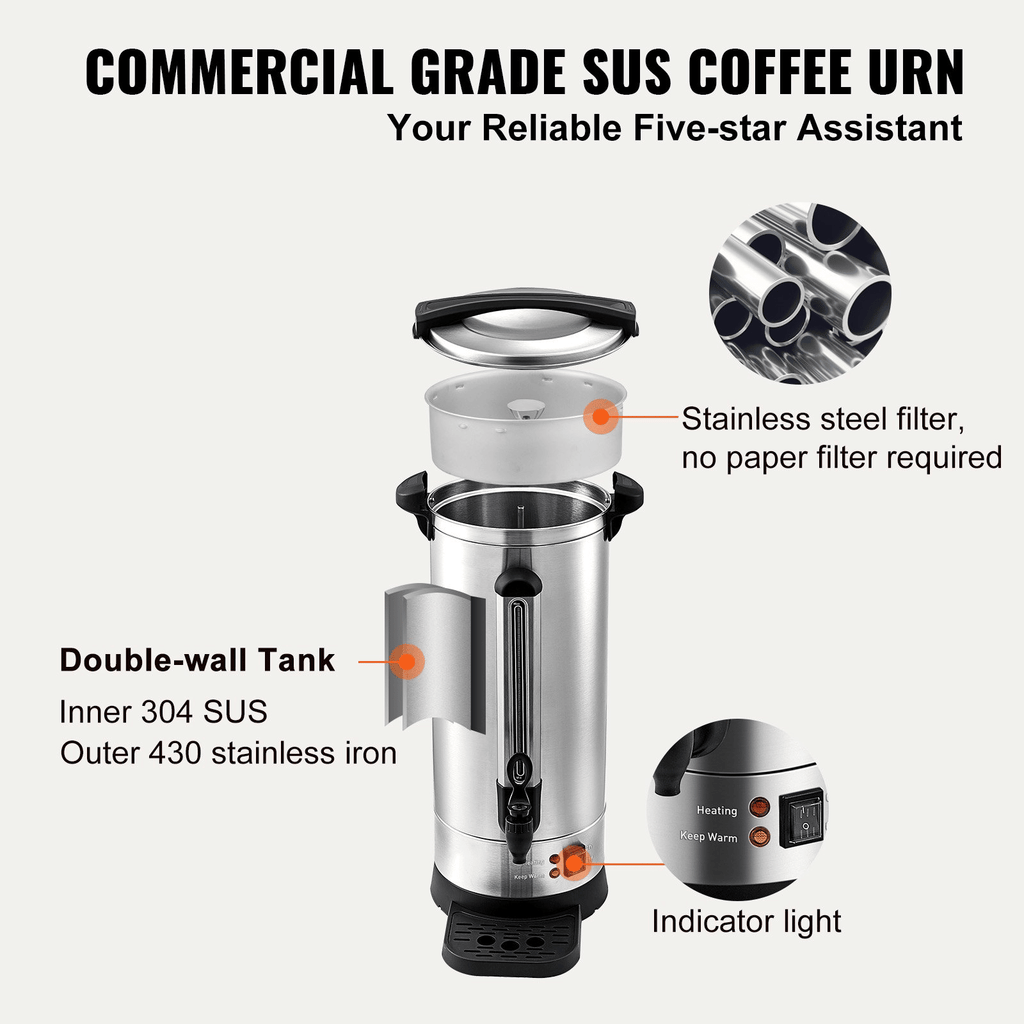 Commercial Coffee Urn (110 cups) – Stainless Steel Coffee Dispenser with Fast-Brew Function; drip coffee maker; stainless steel drip coffee maker; suitable for restaurants, offices, coffee shops