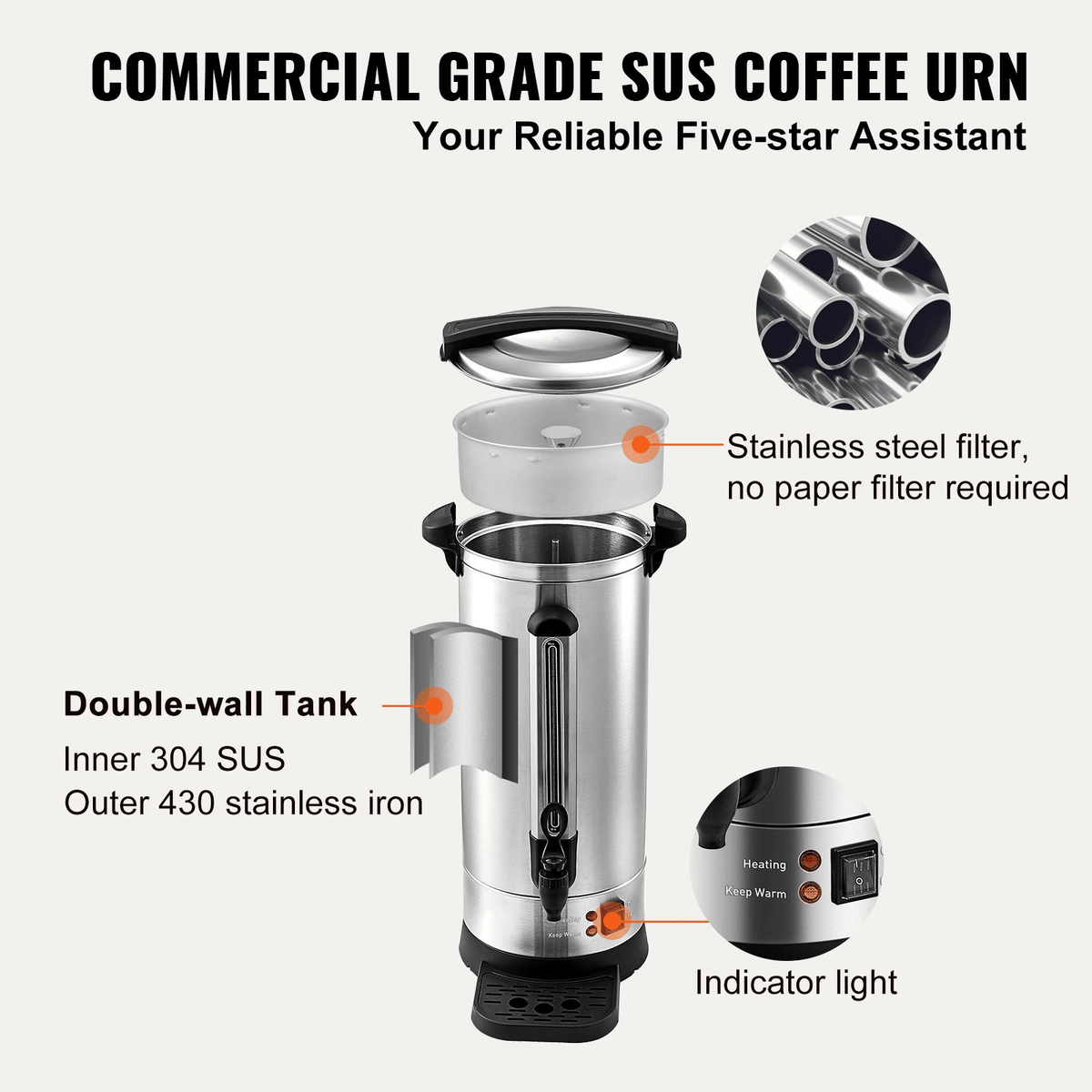 Commercial Coffee Urn (110 cups) – Stainless Steel Coffee Dispenser with Fast-Brew Function; drip coffee maker; stainless steel drip coffee maker; suitable for restaurants, offices, coffee shops