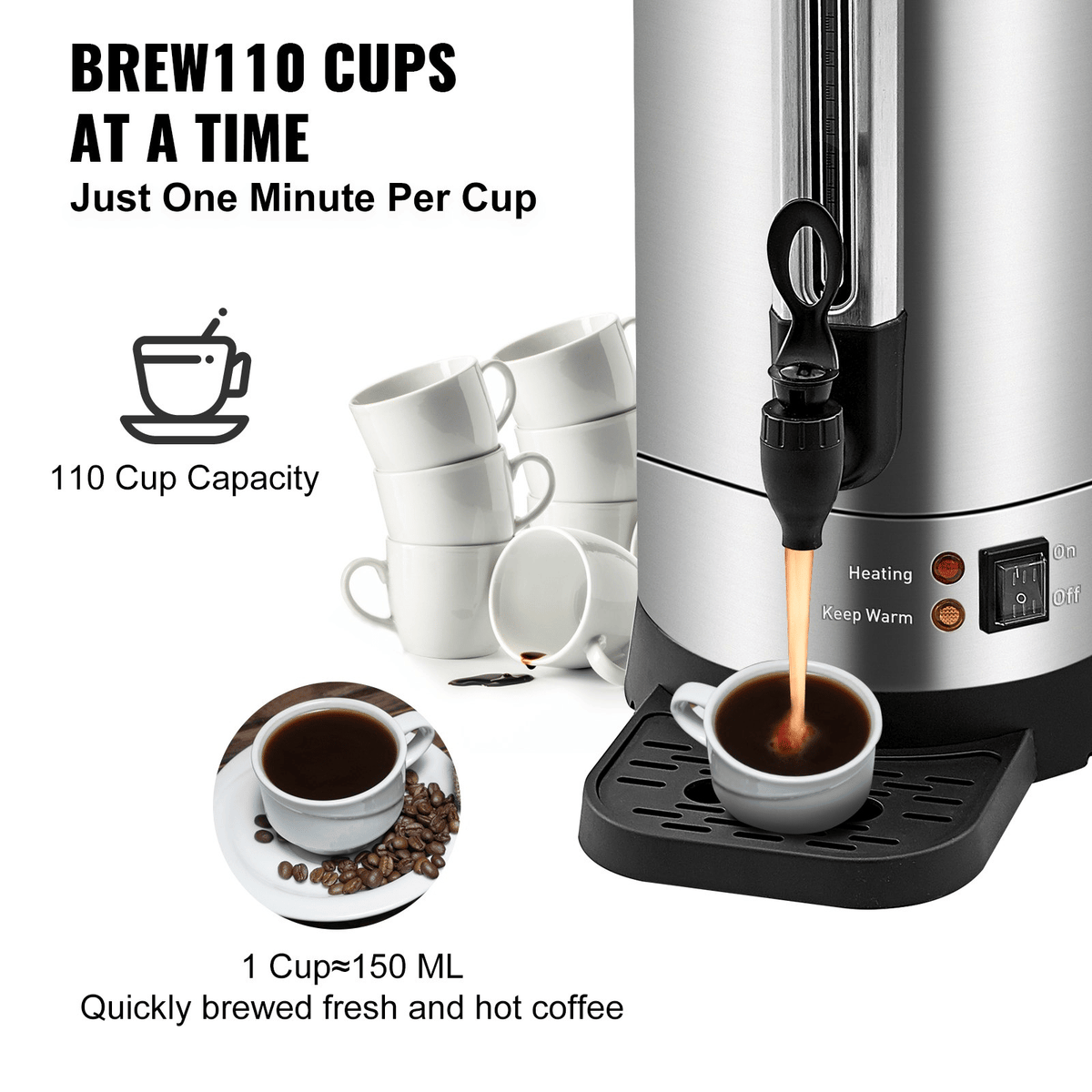 Commercial Coffee Urn (110 cups) – Stainless Steel Coffee Dispenser with Fast-Brew Function; drip coffee maker; stainless steel drip coffee maker; suitable for restaurants, offices, coffee shops
