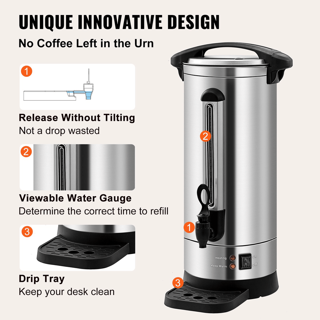 Commercial Coffee Urn (110 cups) – Stainless Steel Coffee Dispenser with Fast-Brew Function; drip coffee maker; stainless steel drip coffee maker; suitable for restaurants, offices, coffee shops