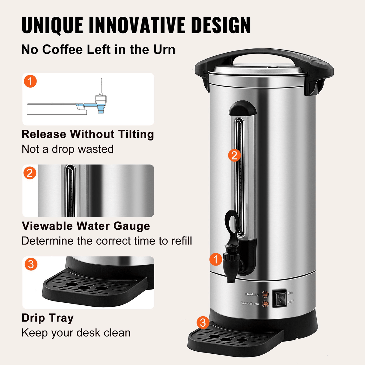 Commercial Coffee Urn (110 cups) – Stainless Steel Coffee Dispenser with Fast-Brew Function; drip coffee maker; stainless steel drip coffee maker; suitable for restaurants, offices, coffee shops