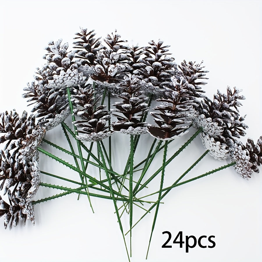 24pcs of Christmas Decorative Pine Cone Branches in Brushed White End, Ideal for Adorning Christmas Trees, Creating Ornaments, Crafting Materials, Photography Props, Hanging Decorations, Wreaths, And