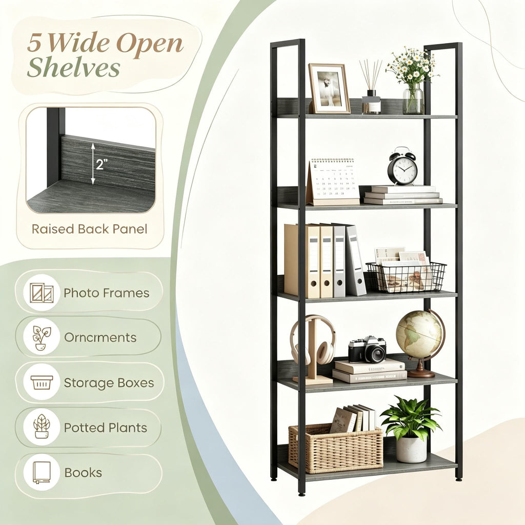 Tall 5-Tier Bookshelf Wooden Open Bookcase with Back Panels for Living Room Bedroom Hallway