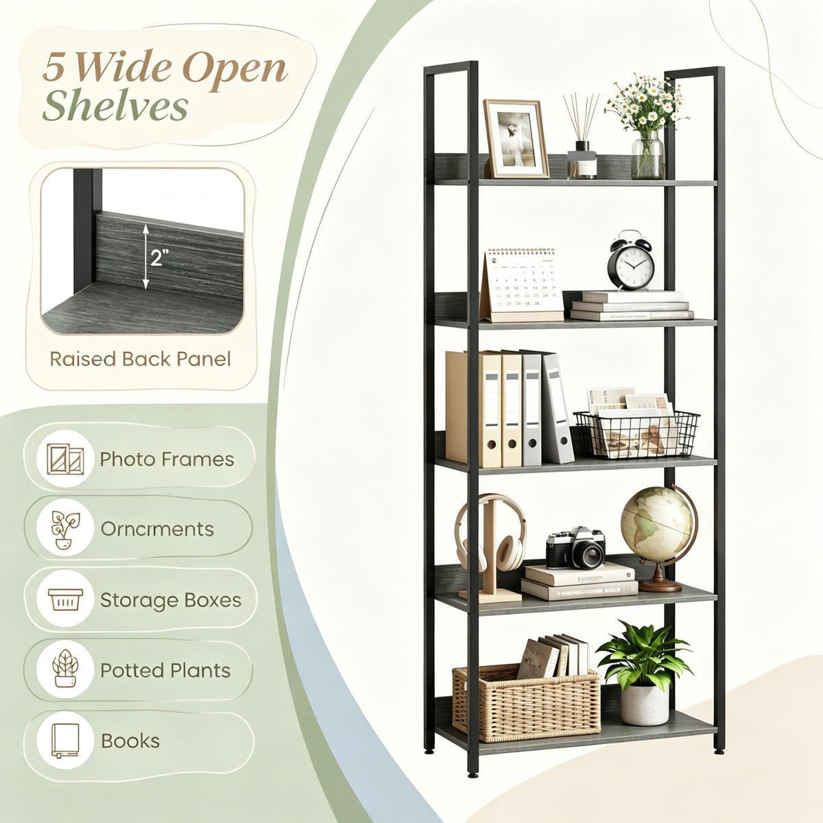 Tall 5-Tier Bookshelf Wooden Open Bookcase with Back Panels for Living Room Bedroom Hallway