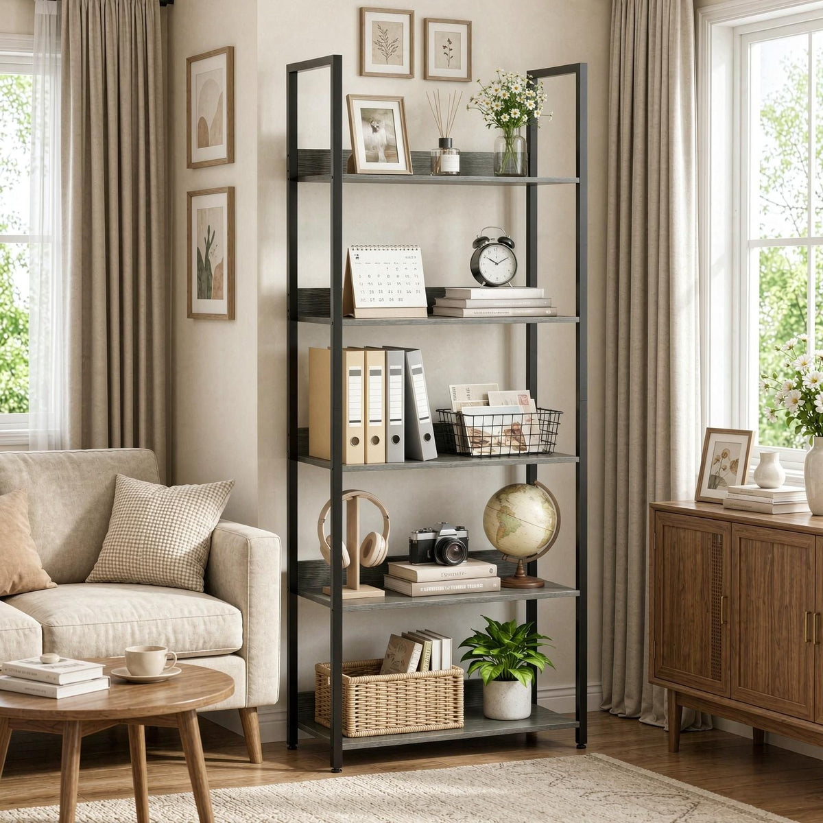Tall 5-Tier Bookshelf Wooden Open Bookcase with Back Panels for Living Room Bedroom Hallway