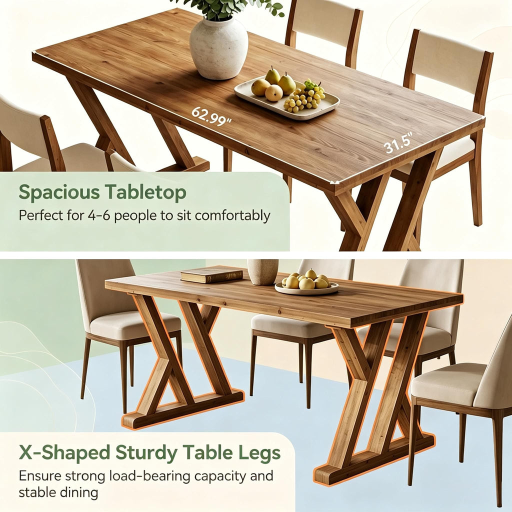 63" Wood Dining Table Farmhouse Kitchen Dinner Table  Wood Rectangular Table in Natural Wood Finish
