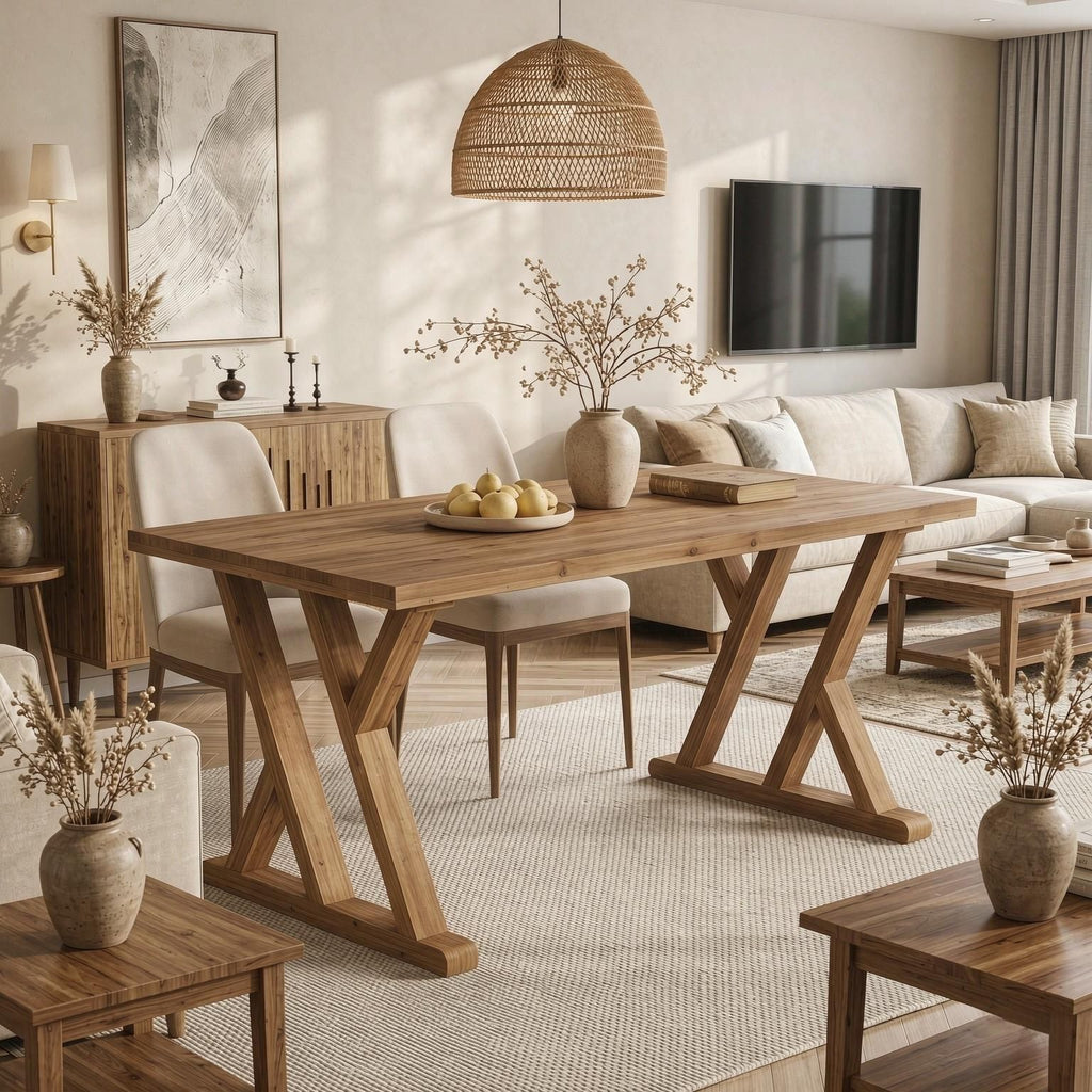 63" Wood Dining Table Farmhouse Kitchen Dinner Table  Wood Rectangular Table in Natural Wood Finish