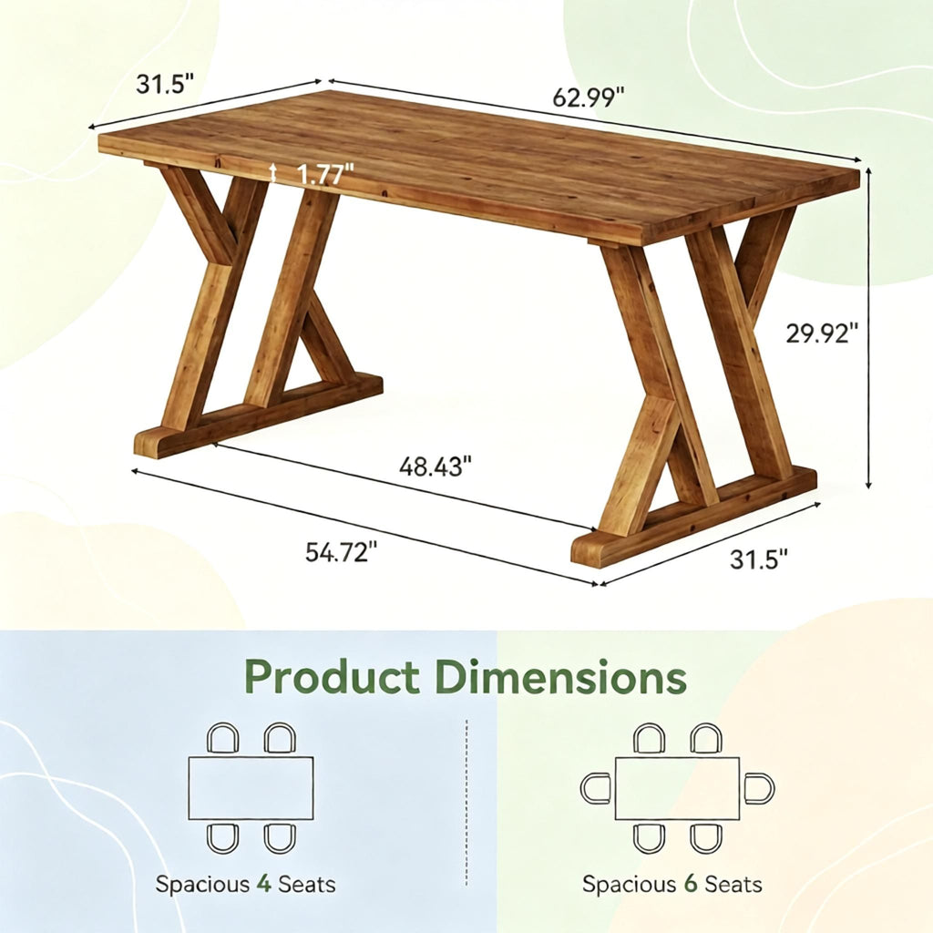63" Wood Dining Table Farmhouse Kitchen Dinner Table  Wood Rectangular Table in Natural Wood Finish