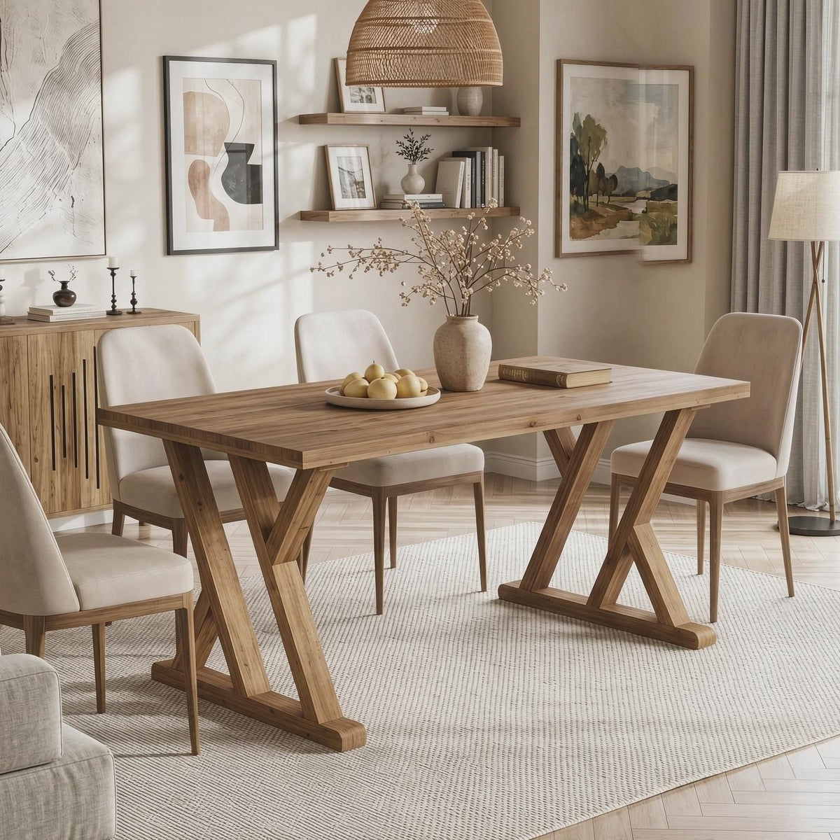 63" Wood Dining Table Farmhouse Kitchen Dinner Table  Wood Rectangular Table in Natural Wood Finish