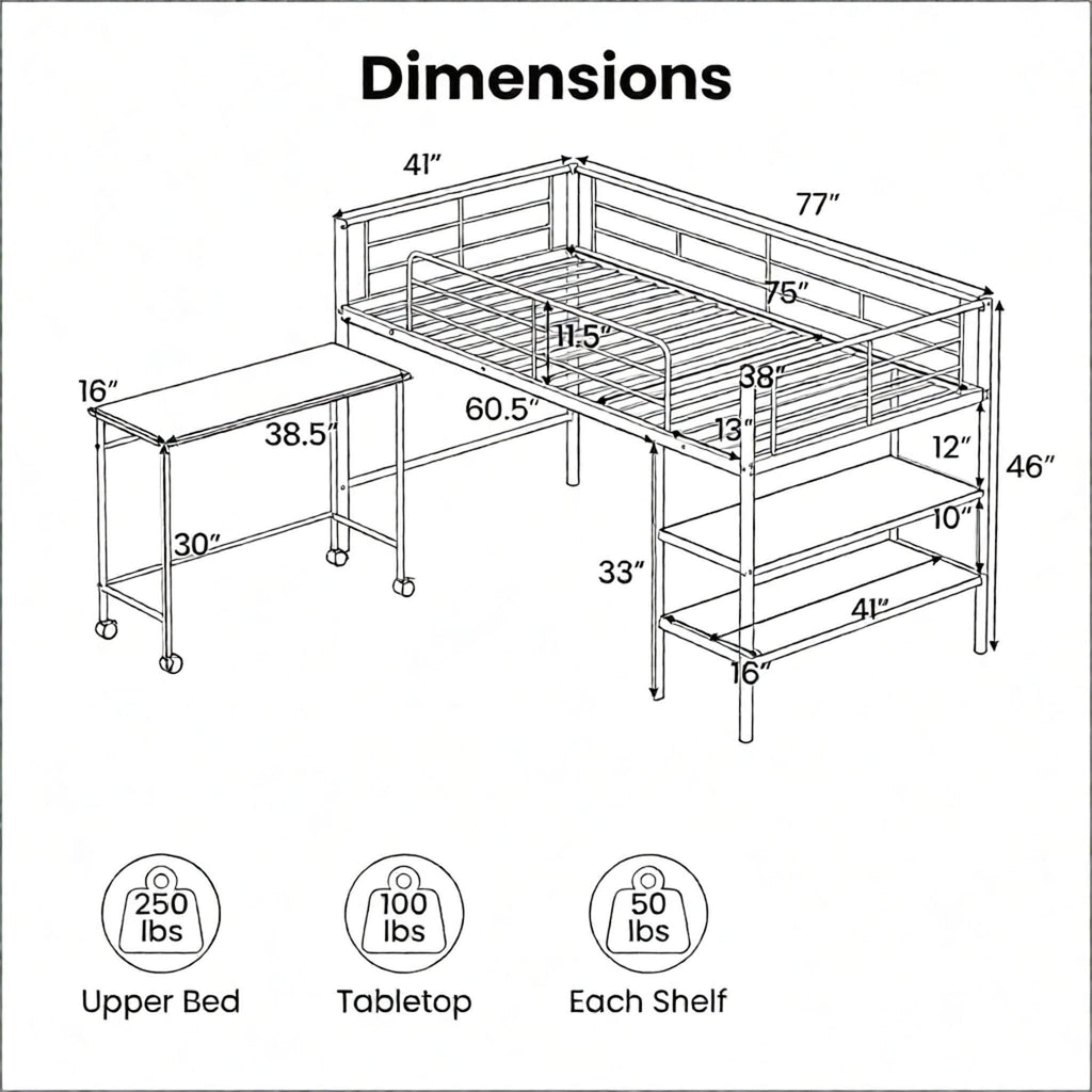 Twin Size Loft Bed with Rolling Desk And Bookshelf - Platform Bed Frame for Efficient Space Utilization