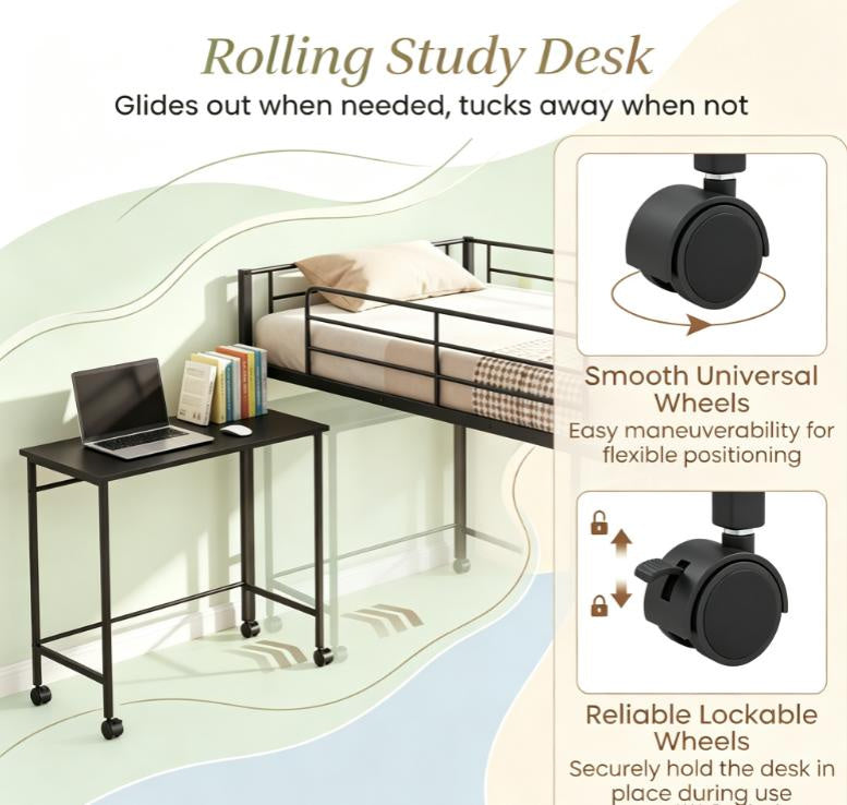 Twin Size Loft Bed with Rolling Desk And Bookshelf - Platform Bed Frame for Efficient Space Utilization