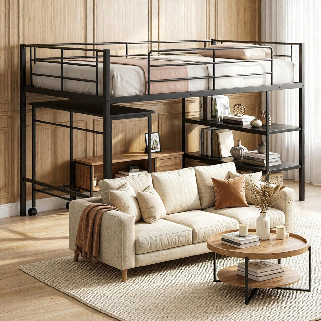 Twin Size Loft Bed with Rolling Desk And Bookshelf - Platform Bed Frame for Efficient Space Utilization