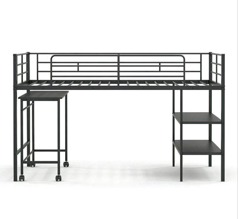 Twin Size Loft Bed with Rolling Desk And Bookshelf - Platform Bed Frame for Efficient Space Utilization