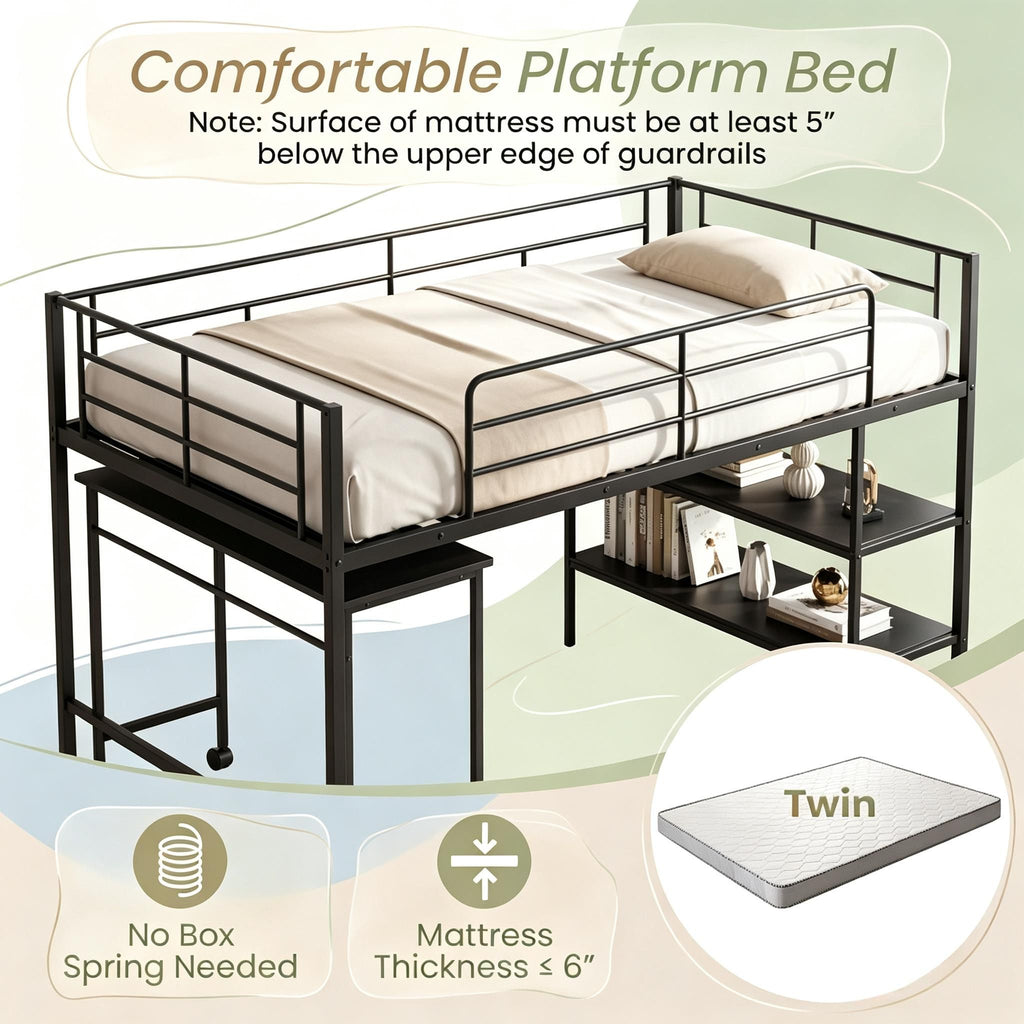 Twin Size Loft Bed with Rolling Desk And Bookshelf - Platform Bed Frame for Efficient Space Utilization