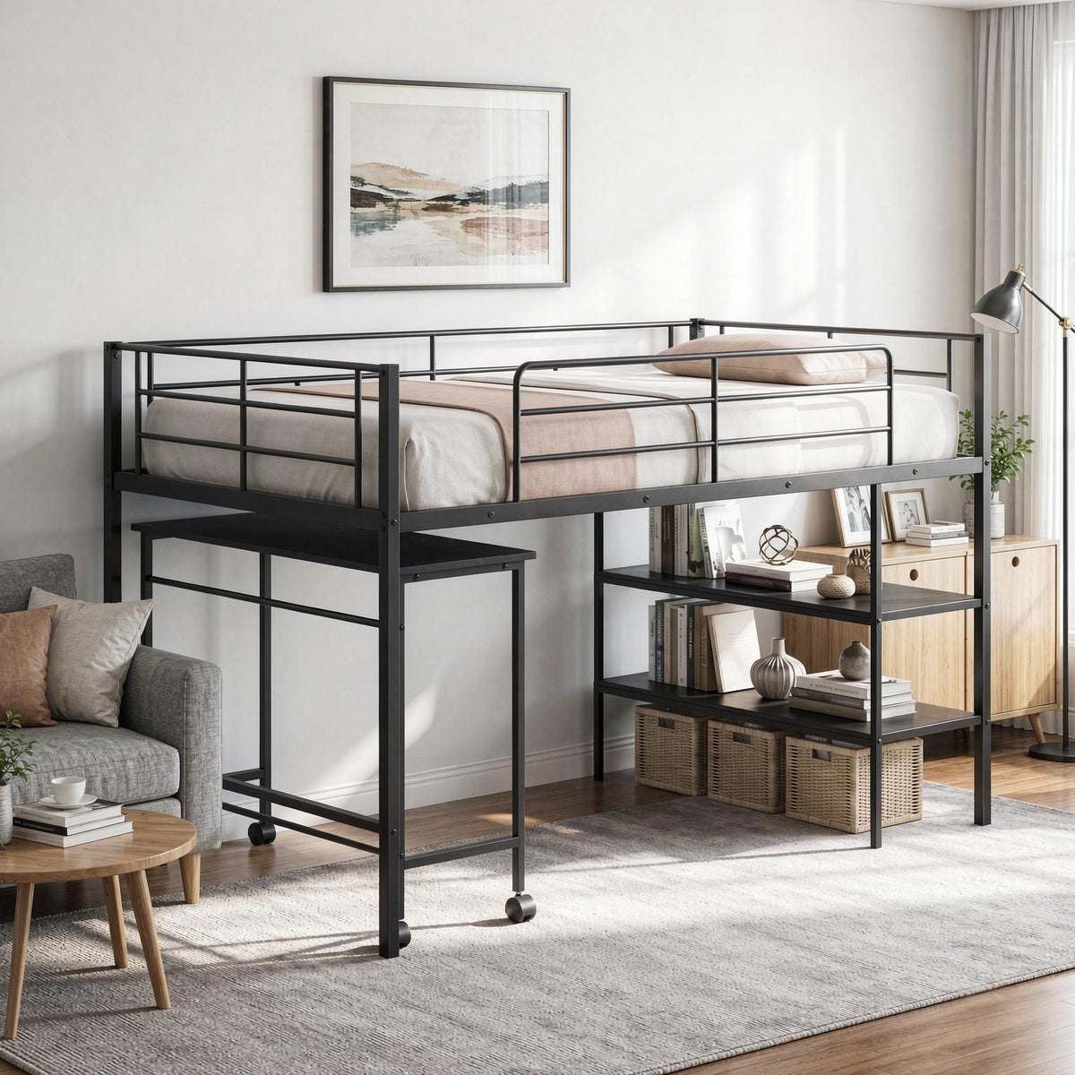 Twin Size Loft Bed with Rolling Desk And Bookshelf - Platform Bed Frame for Efficient Space Utilization