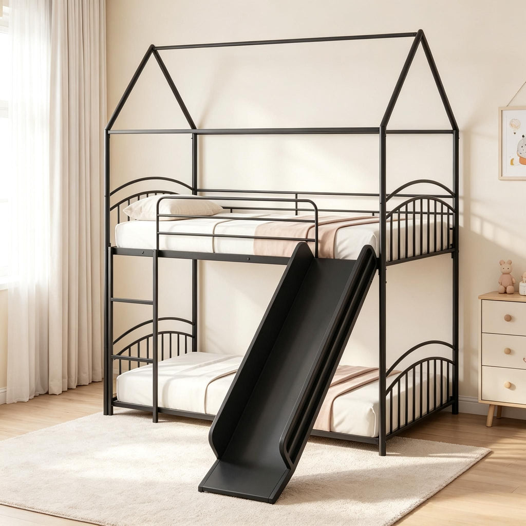 Twin over Twin Bunk Bed Frame House Style with Metal Slats - for Sleeping Quarters