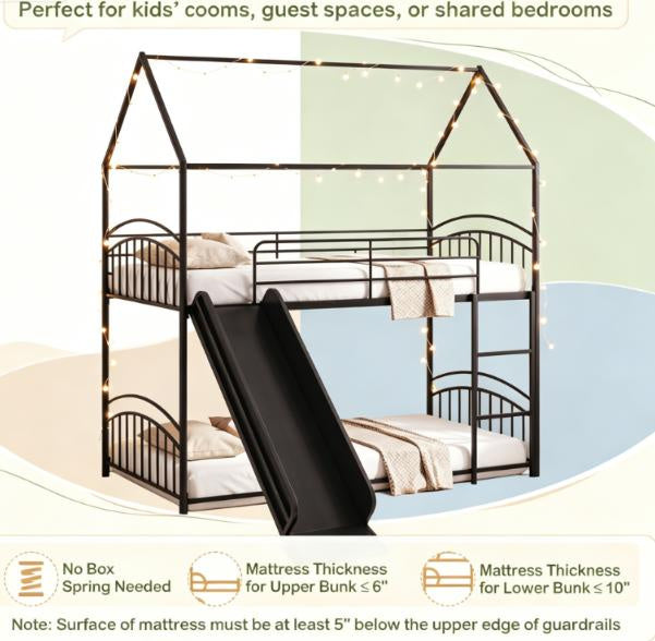 Twin over Twin Bunk Bed Frame House Style with Metal Slats - for Sleeping Quarters