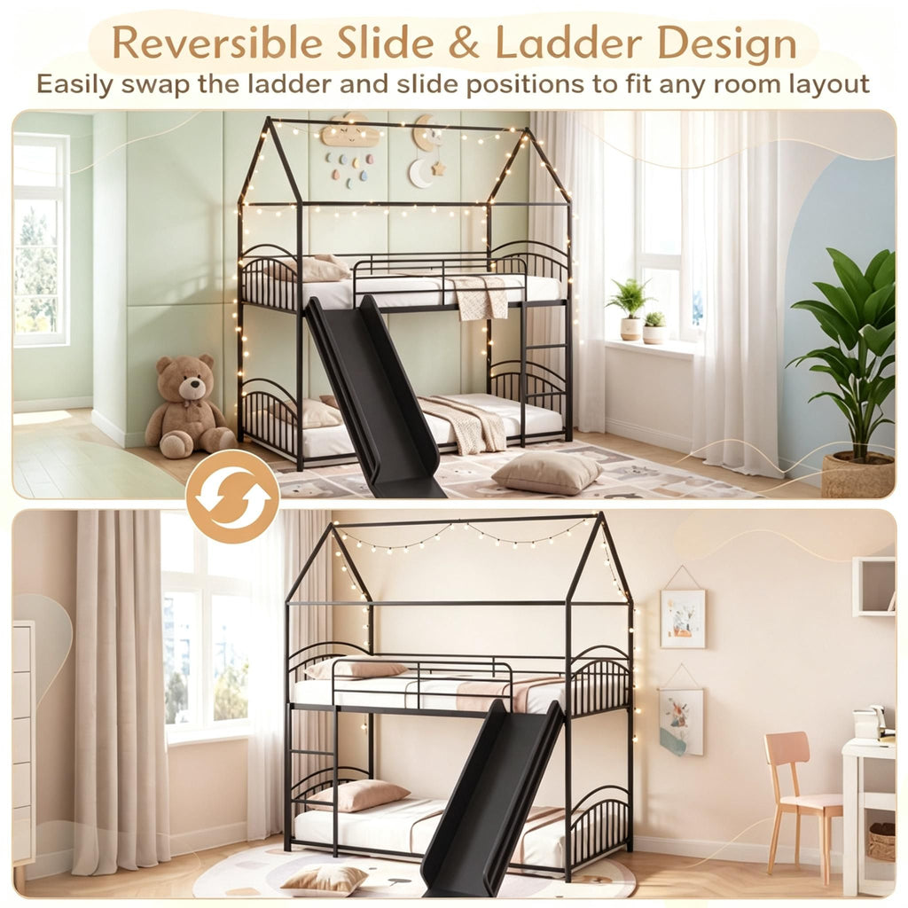 Twin over Twin Bunk Bed Frame House Style with Metal Slats - for Sleeping Quarters