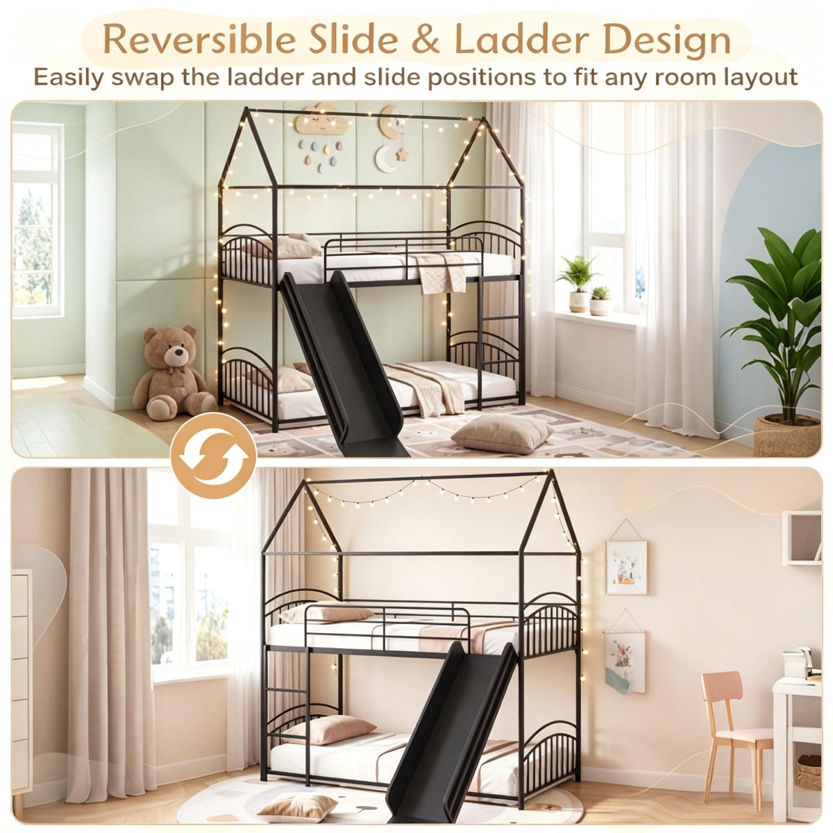Twin over Twin Bunk Bed Frame House Style with Metal Slats - for Sleeping Quarters