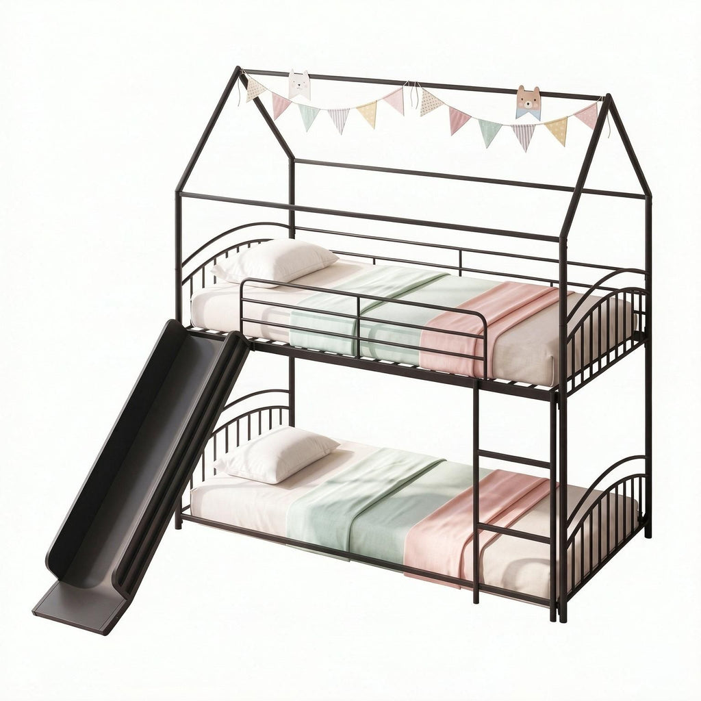 Twin over Twin Bunk Bed Frame House Style with Metal Slats - for Sleeping Quarters