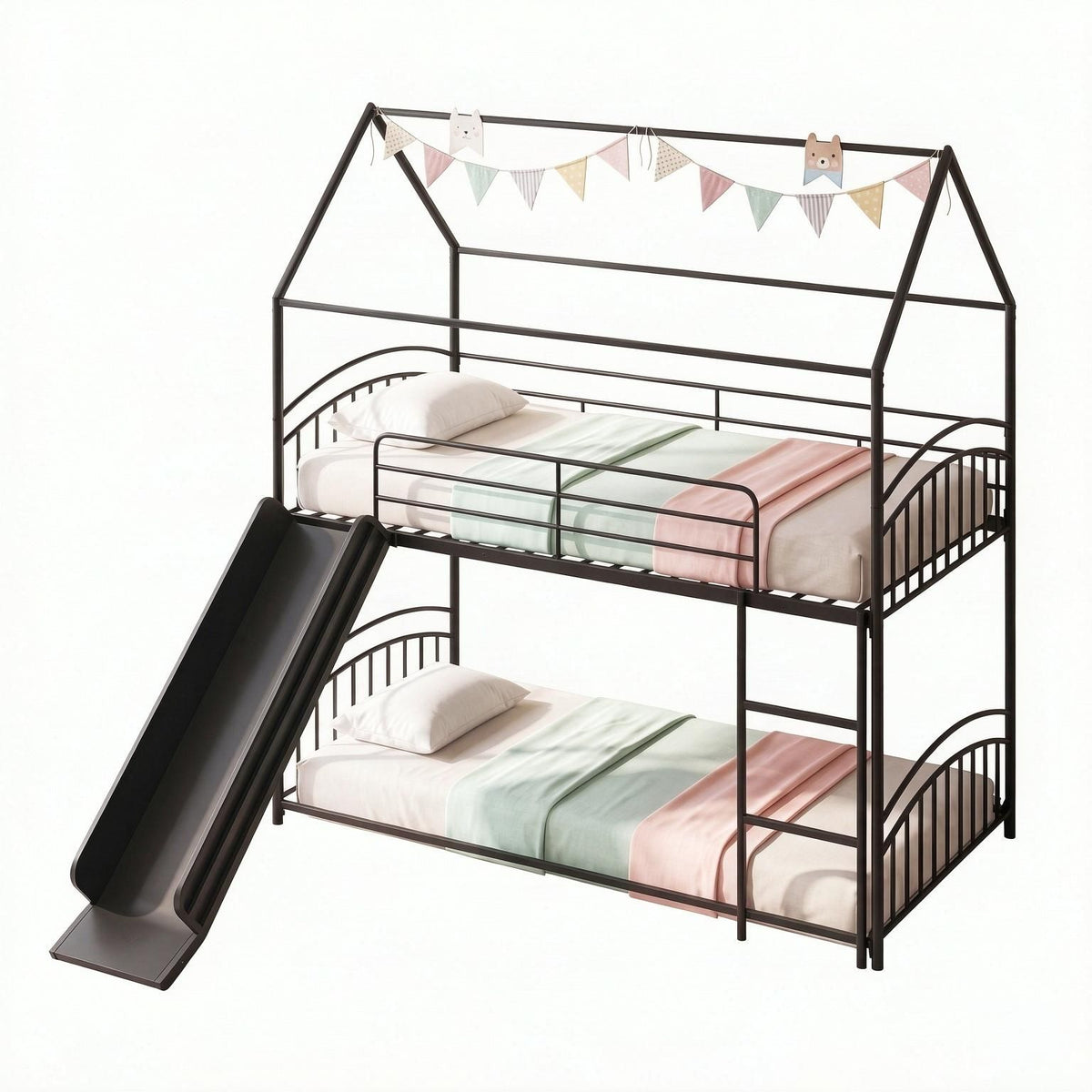 Twin over Twin Bunk Bed Frame House Style with Metal Slats - for Sleeping Quarters