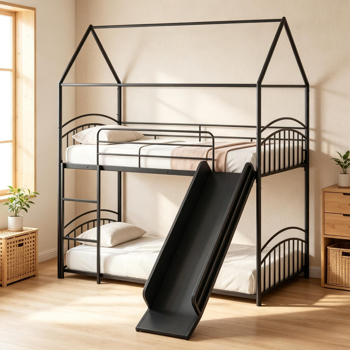 Twin over Twin Bunk Bed Frame House Style with Metal Slats - for Sleeping Quarters