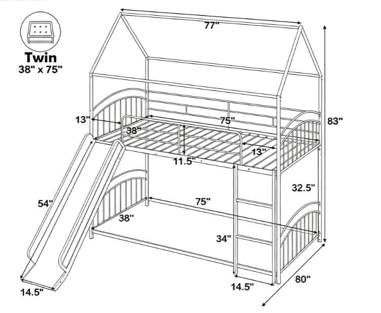 Twin over Twin Bunk Bed Frame House Style with Metal Slats - for Sleeping Quarters