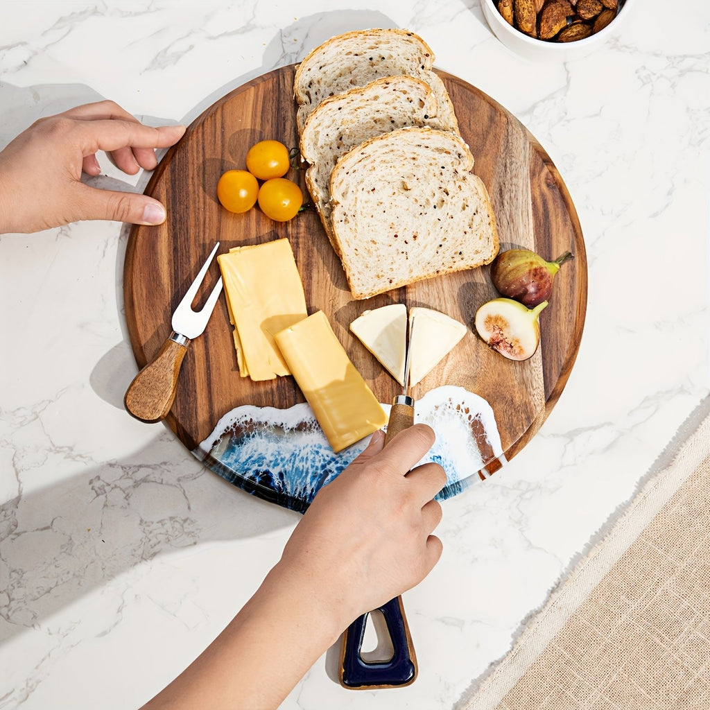 Round Acacia Wood & Resin Charcuterie Board with Handle - Natural Wood Grain Surface, Non-Porous Durable  for Meat, Bread, Cheese, Pizza Serving - Elegant Kitchen & Dining Table Decor, Easy-Clean