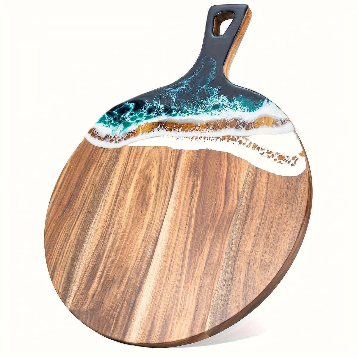 Round Acacia Wood & Resin Charcuterie Board with Handle - Natural Wood Grain Surface, Non-Porous Durable  for Meat, Bread, Cheese, Pizza Serving - Elegant Kitchen & Dining Table Decor, Easy-Clean