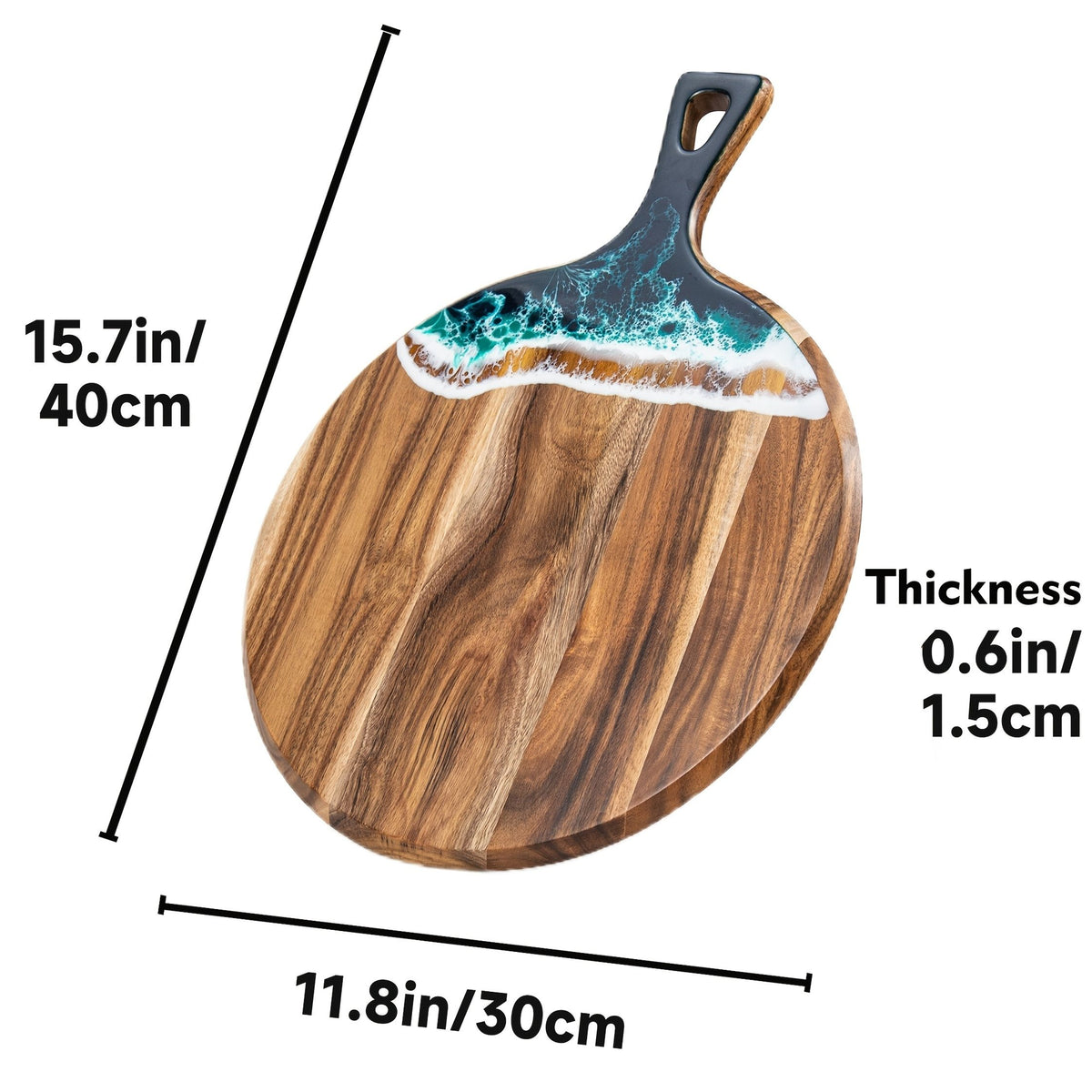 Round Acacia Wood & Resin Charcuterie Board with Handle - Natural Wood Grain Surface, Non-Porous Durable  for Meat, Bread, Cheese, Pizza Serving - Elegant Kitchen & Dining Table Decor, Easy-Clean