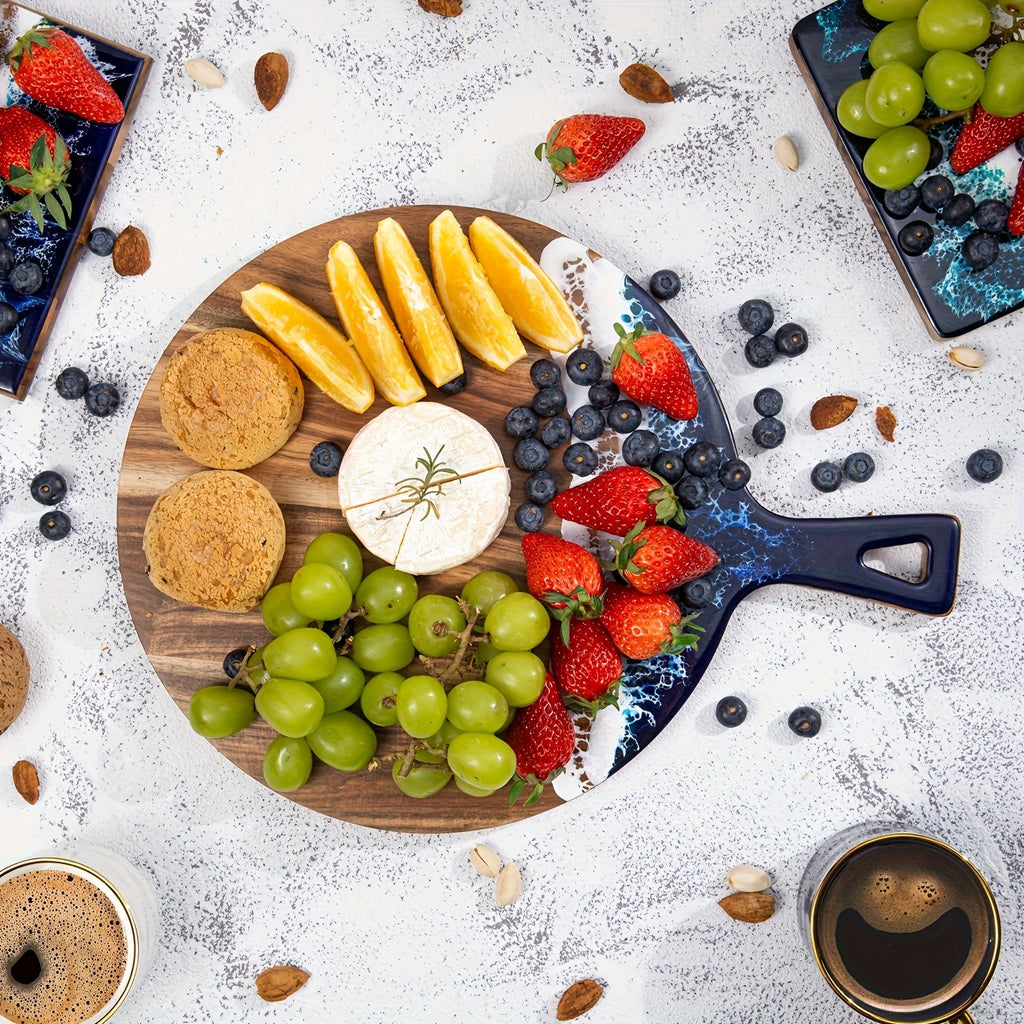 Round Acacia Wood & Resin Charcuterie Board with Handle - Natural Wood Grain Surface, Non-Porous Durable  for Meat, Bread, Cheese, Pizza Serving - Elegant Kitchen & Dining Table Decor, Easy-Clean
