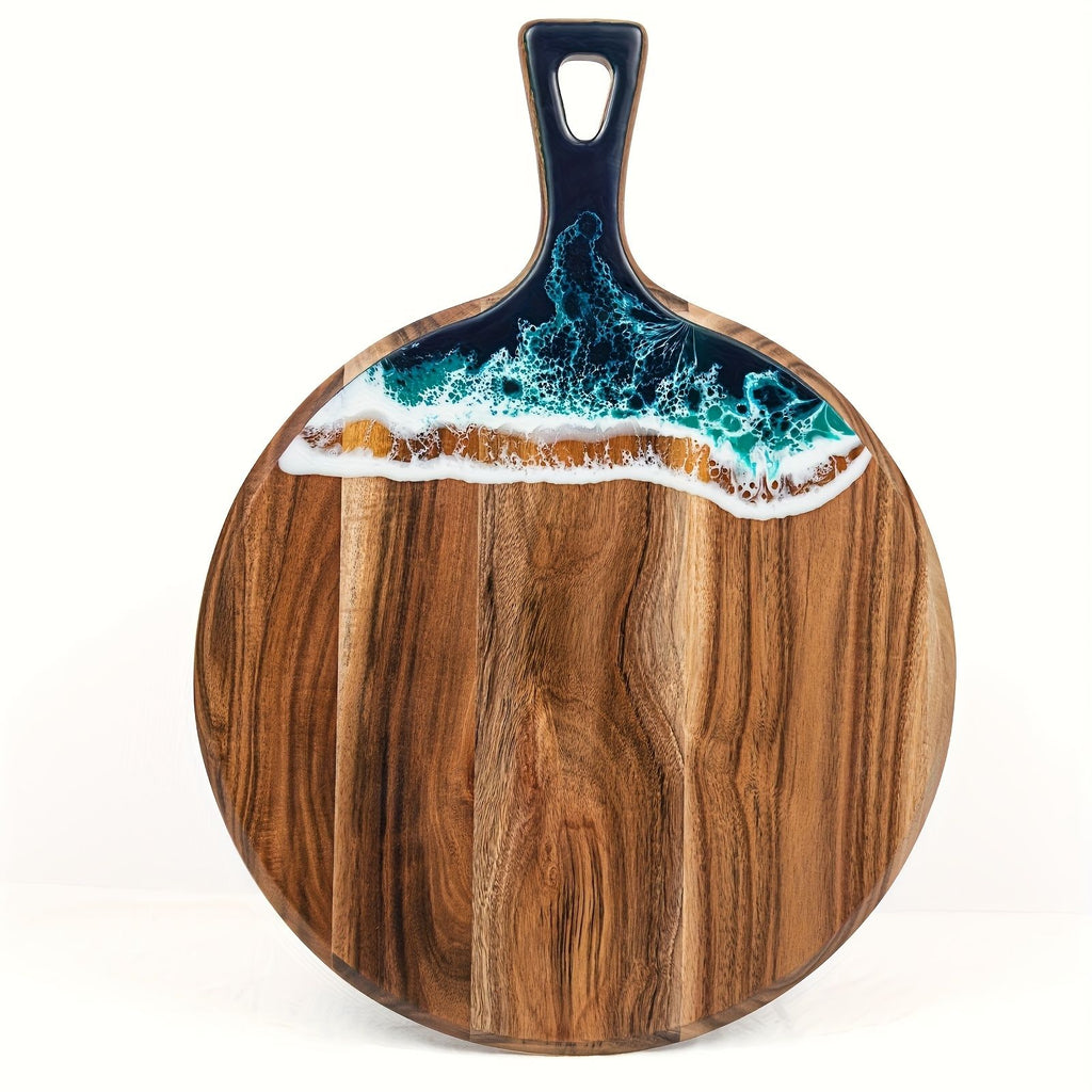 Round Acacia Wood & Resin Charcuterie Board with Handle - Natural Wood Grain Surface, Non-Porous Durable  for Meat, Bread, Cheese, Pizza Serving - Elegant Kitchen & Dining Table Decor, Easy-Clean