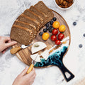 Round Acacia Wood & Resin Charcuterie Board with Handle - Natural Wood Grain Surface, Non-Porous Durable  for Meat, Bread, Cheese, Pizza Serving - Elegant Kitchen & Dining Table Decor, Easy-Clean