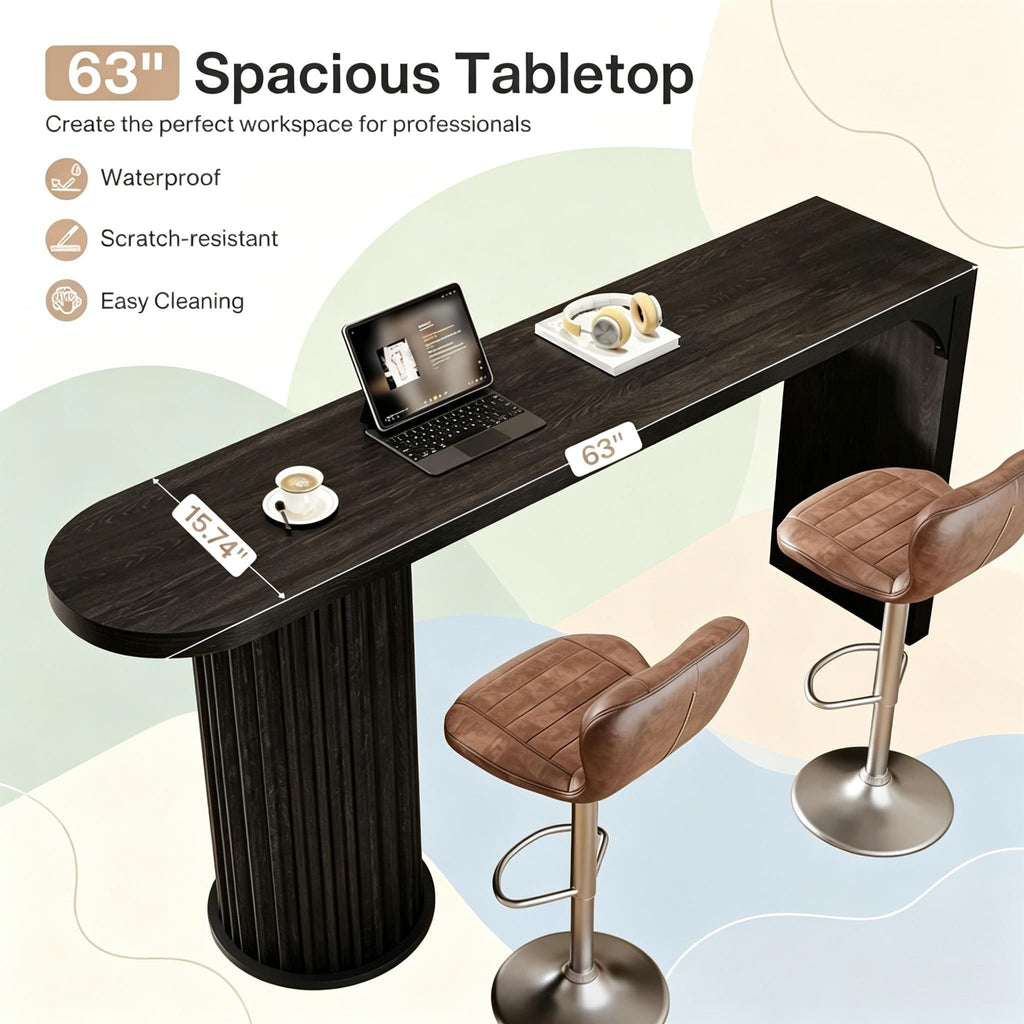 Counter Height Pub Table with Fluted Cylindrical Base 63" Bar Table Kitchen Dining Room Furniture Modern Design