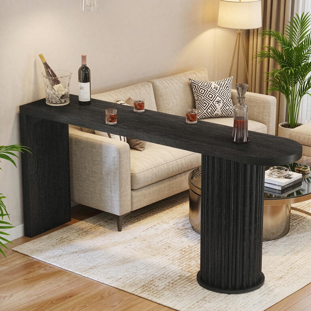 Counter Height Pub Table with Fluted Cylindrical Base 63" Bar Table Kitchen Dining Room Furniture Modern Design
