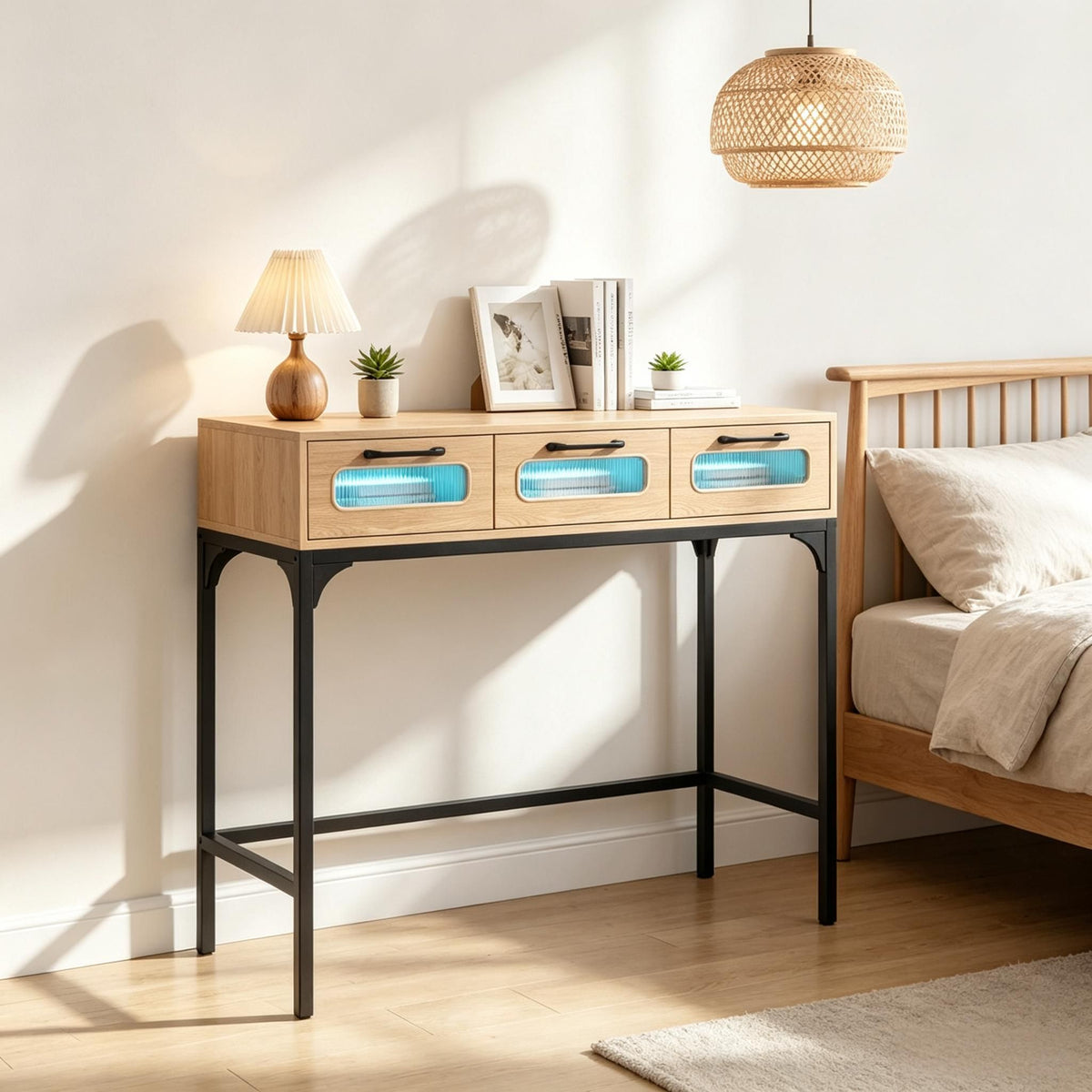 Console Table with LED Lighting And Charging Station for Living Room And Hallway Modern Minimalist Style Sofa Back Coffee Table