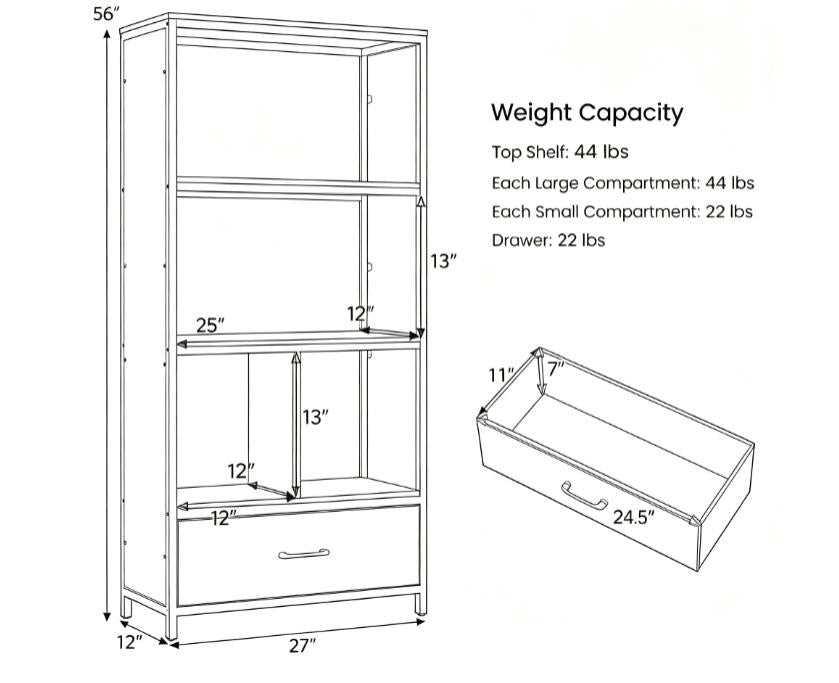56 Inch Tall Freestanding Bookcase with Drawer 5-Tier Storage Shelf Unit for Living Room Bedroom Home Office Decor
