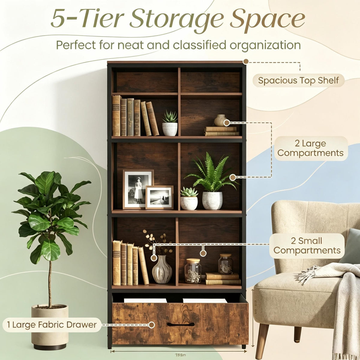56 Inch Tall Freestanding Bookcase with Drawer 5-Tier Storage Shelf Unit for Living Room Bedroom Home Office Decor