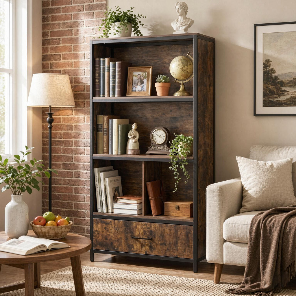 56 Inch Tall Freestanding Bookcase with Drawer 5-Tier Storage Shelf Unit for Living Room Bedroom Home Office Decor