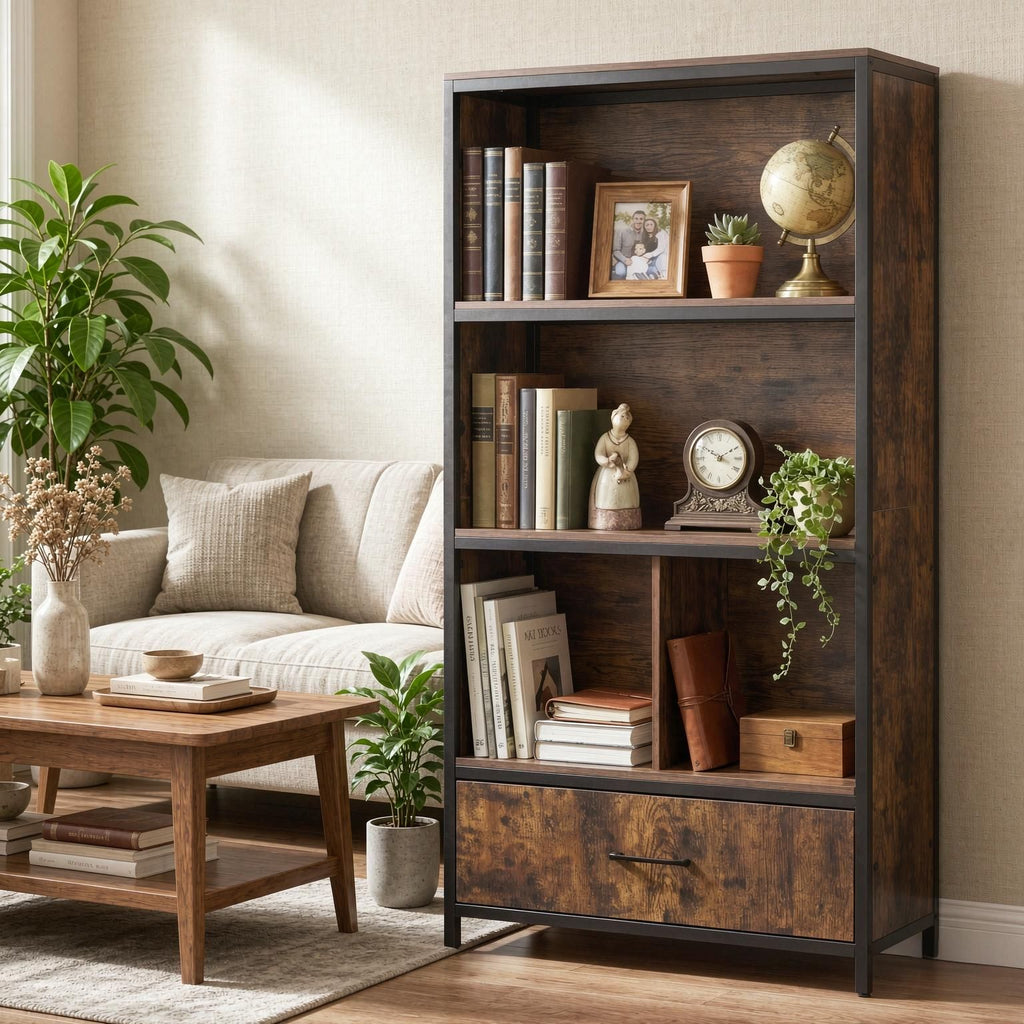 56 Inch Tall Freestanding Bookcase with Drawer 5-Tier Storage Shelf Unit for Living Room Bedroom Home Office Decor