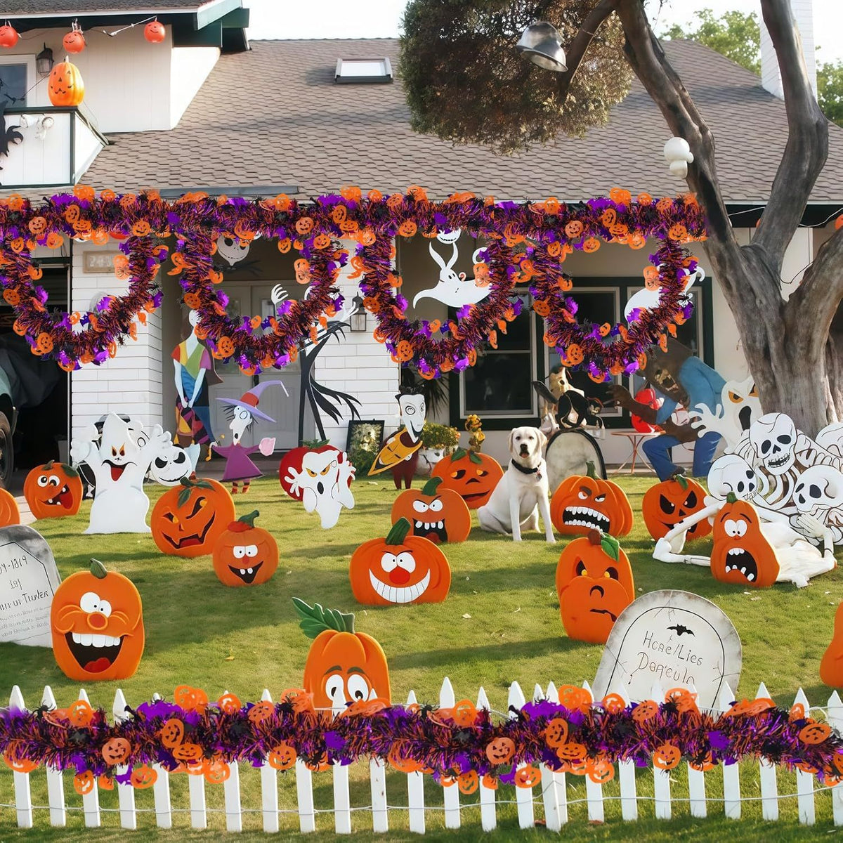 Pumpkin Bats Spider Metallic Fringe Garland Tinsel Strip, Home Fireplace Doorway Haunted House Indoor Outdoor Hanging Decor