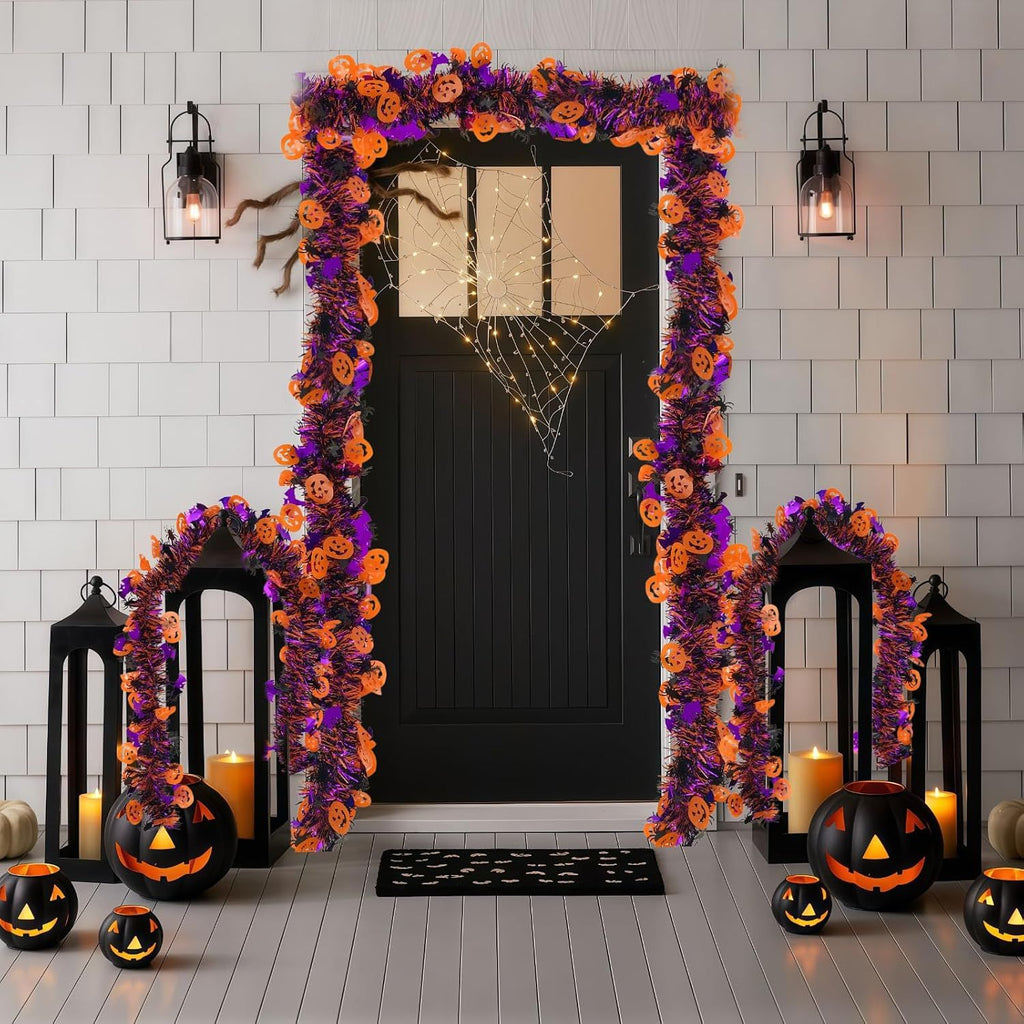 Pumpkin Bats Spider Metallic Fringe Garland Tinsel Strip, Home Fireplace Doorway Haunted House Indoor Outdoor Hanging Decor