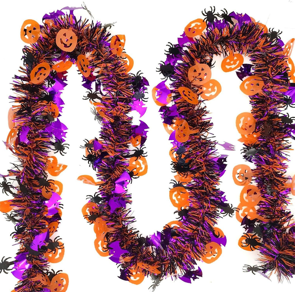 Pumpkin Bats Spider Metallic Fringe Garland Tinsel Strip, Home Fireplace Doorway Haunted House Indoor Outdoor Hanging Decor
