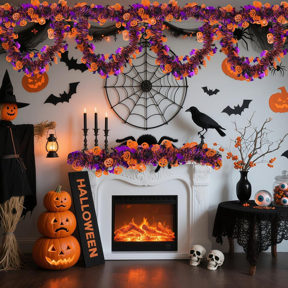 Pumpkin Bats Spider Metallic Fringe Garland Tinsel Strip, Home Fireplace Doorway Haunted House Indoor Outdoor Hanging Decor