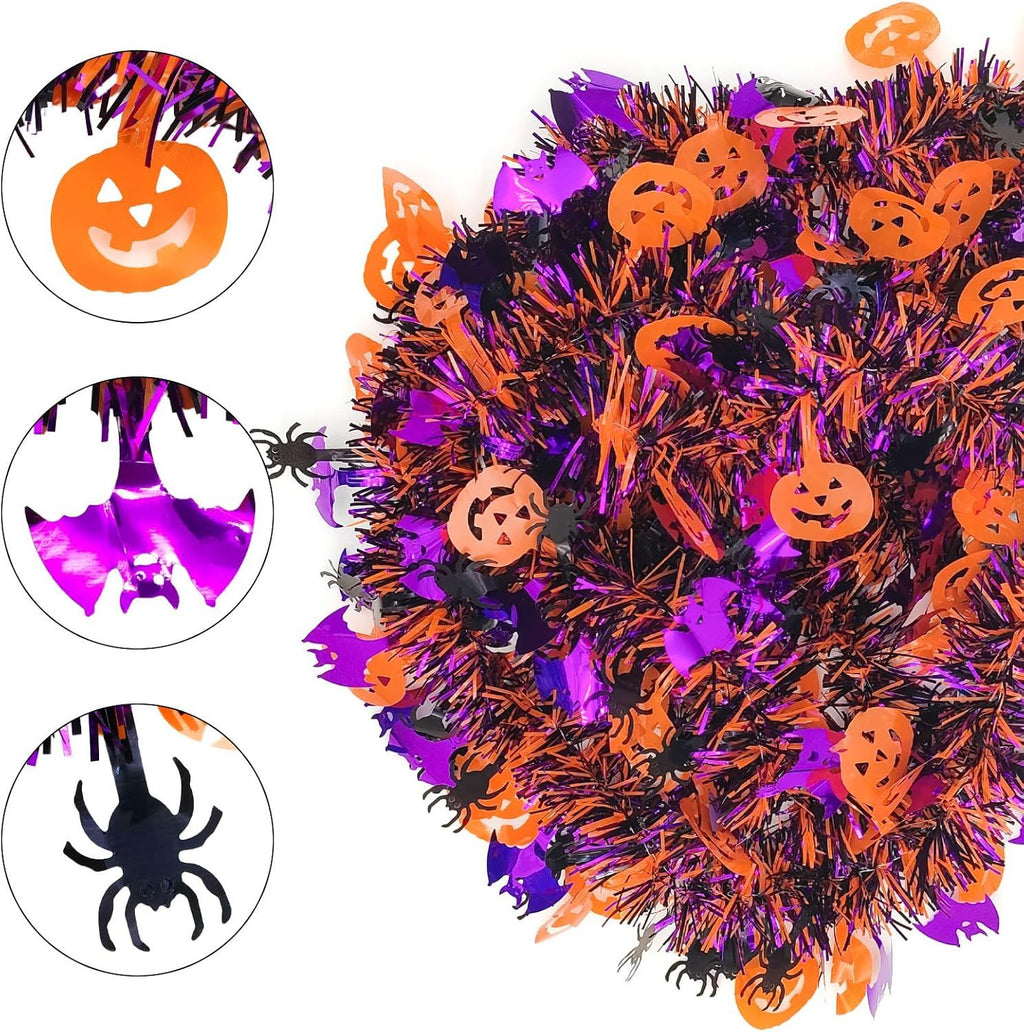 Pumpkin Bats Spider Metallic Fringe Garland Tinsel Strip, Home Fireplace Doorway Haunted House Indoor Outdoor Hanging Decor