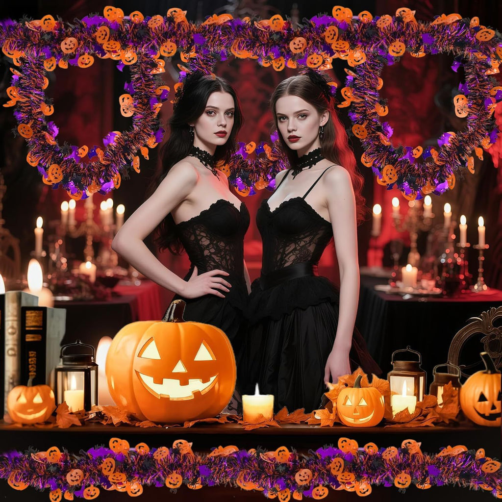 Pumpkin Bats Spider Metallic Fringe Garland Tinsel Strip, Home Fireplace Doorway Haunted House Indoor Outdoor Hanging Decor