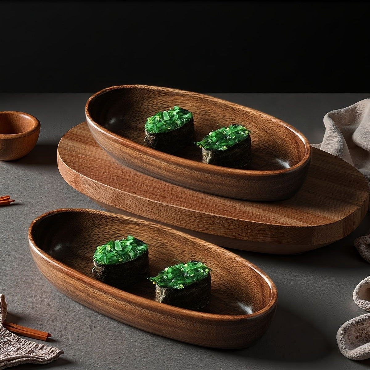Four Japanese-Style Sushi Platters | Stylish Boat-Shaped Table Decor, Durable And Easy-To-Clean Wooden Condiment Dish, Handcrafted, Idealfor Kitchen Use, Perfect for Serving Fruits, Nuts, And Dessert